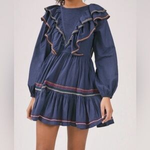 Something Navy Navy Ruffle Embroidered Dress
